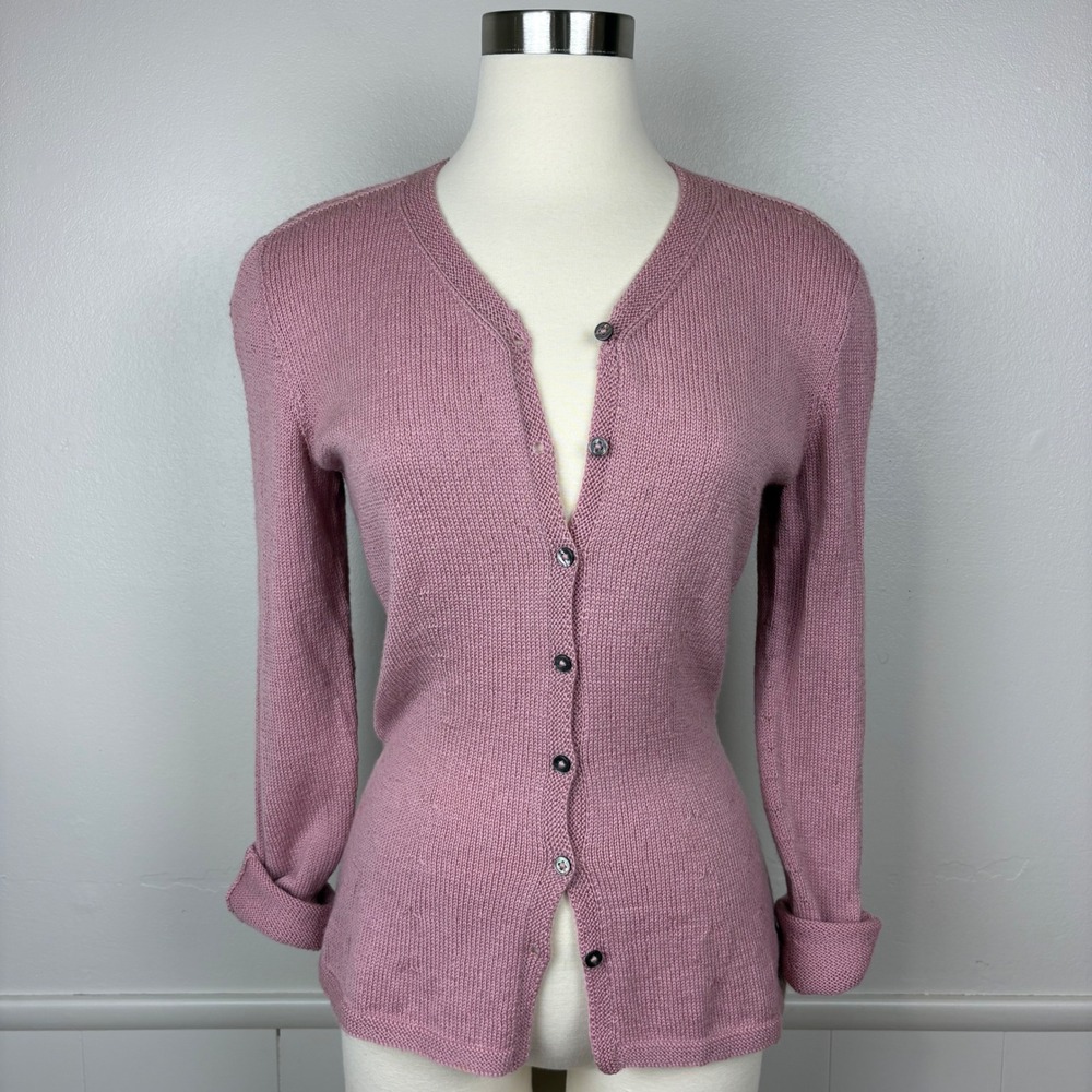 Marion Foale Hand Knit Cardigan Vintage Wool Knit Pink Intricate Stitch England